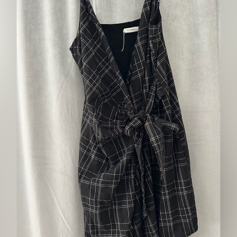 Plaid black and white wrap mini dress